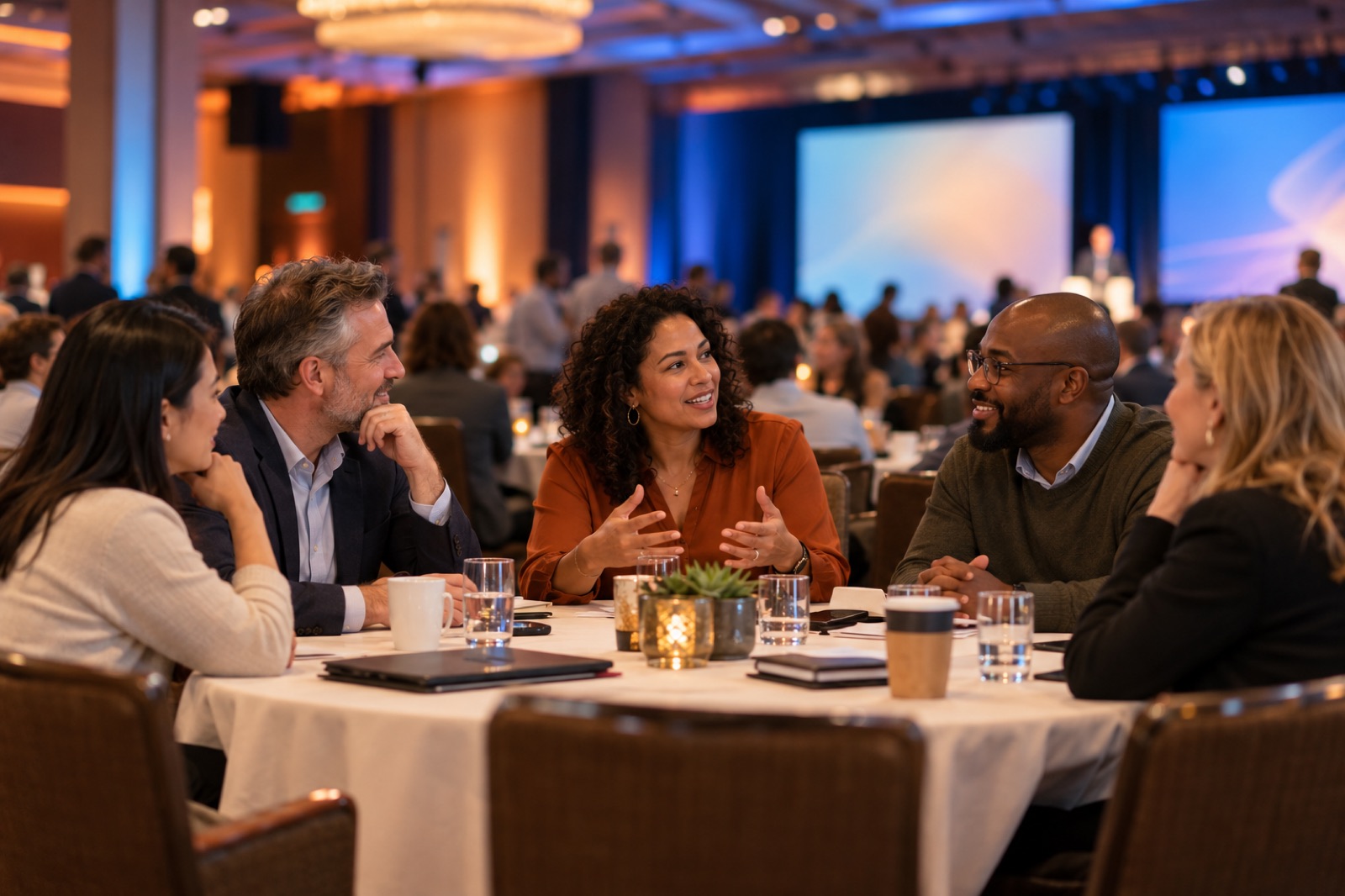 Illustration: Conference attendees in conversation with presentation screens in the background