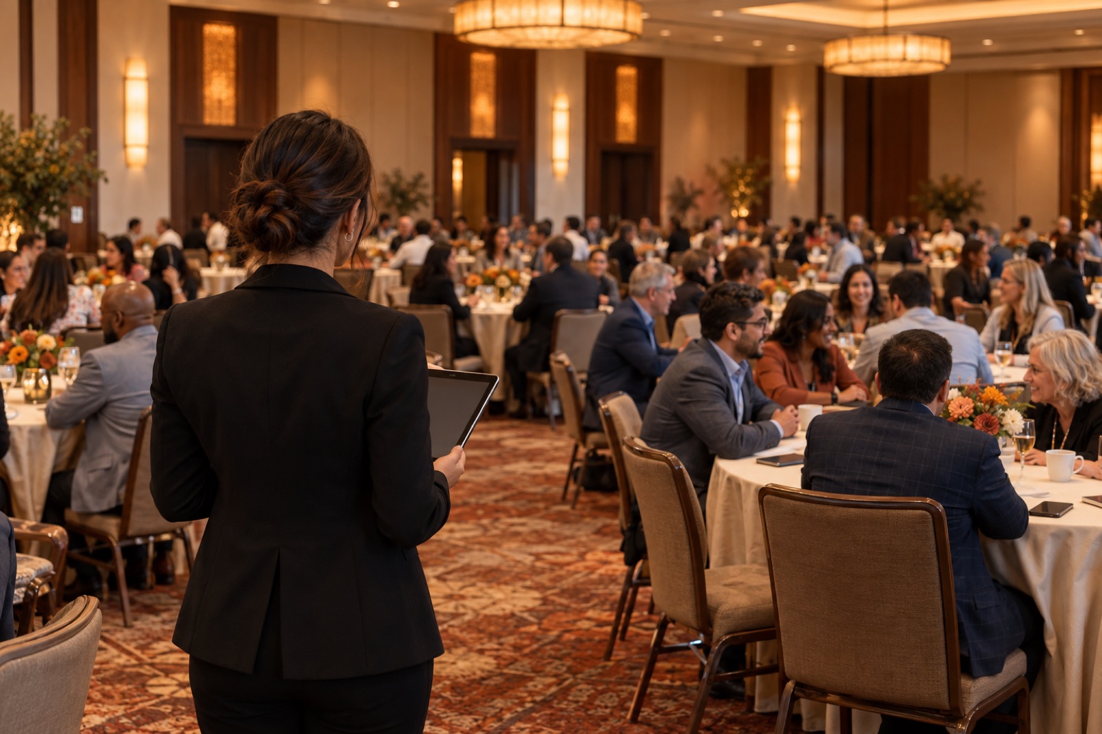Illustration: An event organizer beside a room of roundtable discussions