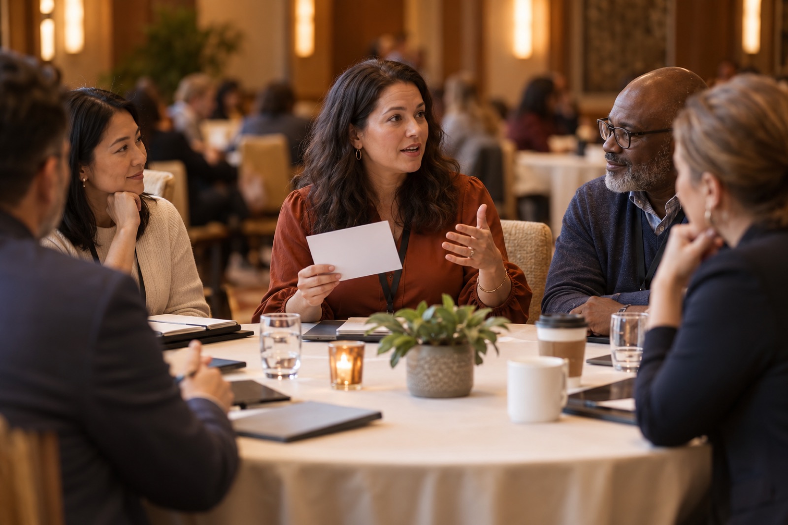 Illustration: Conference attendees discussing a note card around a table