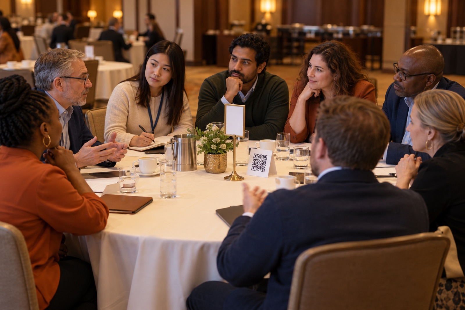 Illustration: Conference attendees listening and talking around a round table