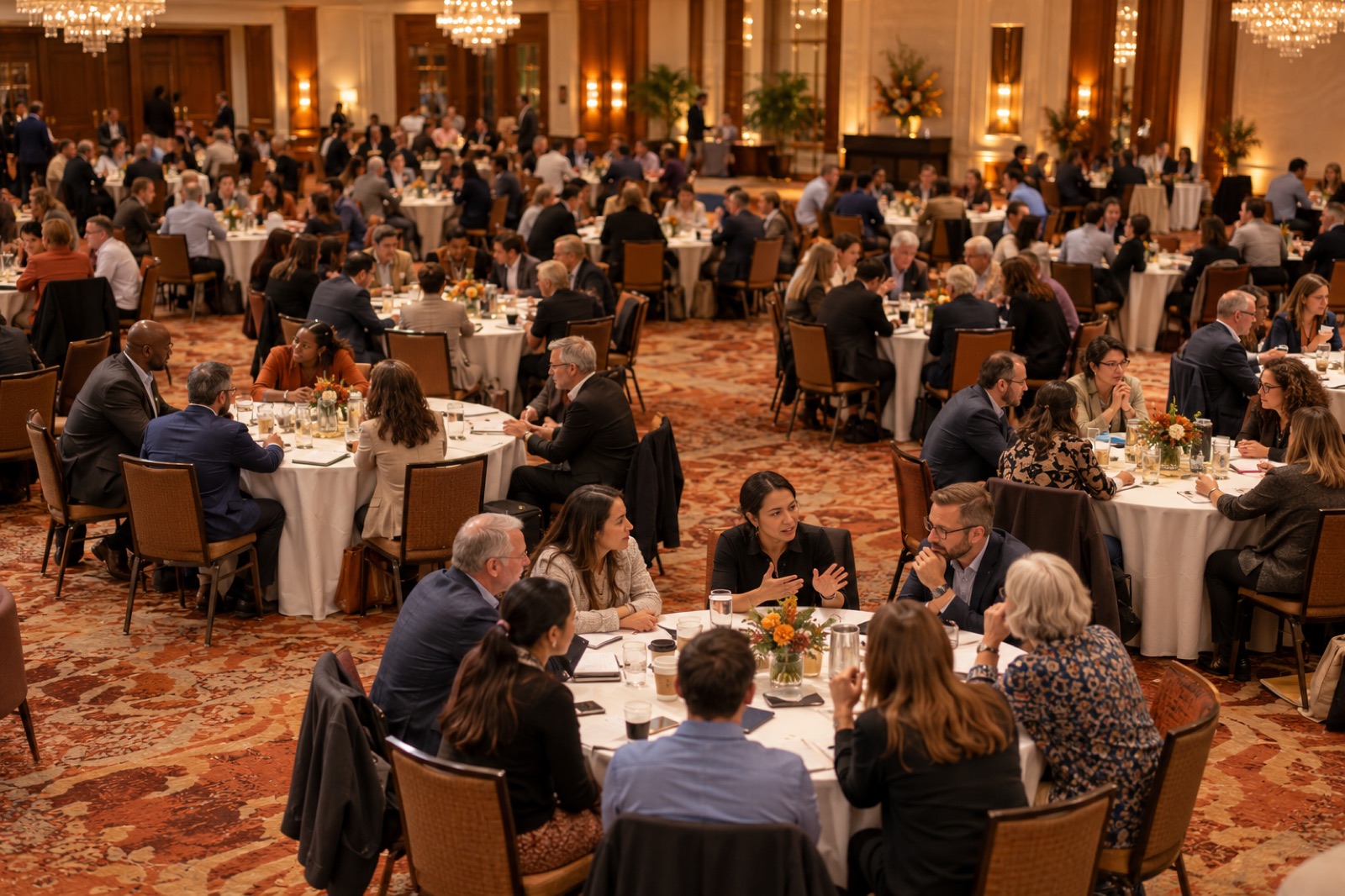 Illustration: Conference attendees seated at round tables throughout a ballroom